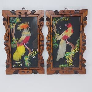 Mexican Feather Art Framed Set of 2 Plumeria Vintage Retro Decor C 1930-1950